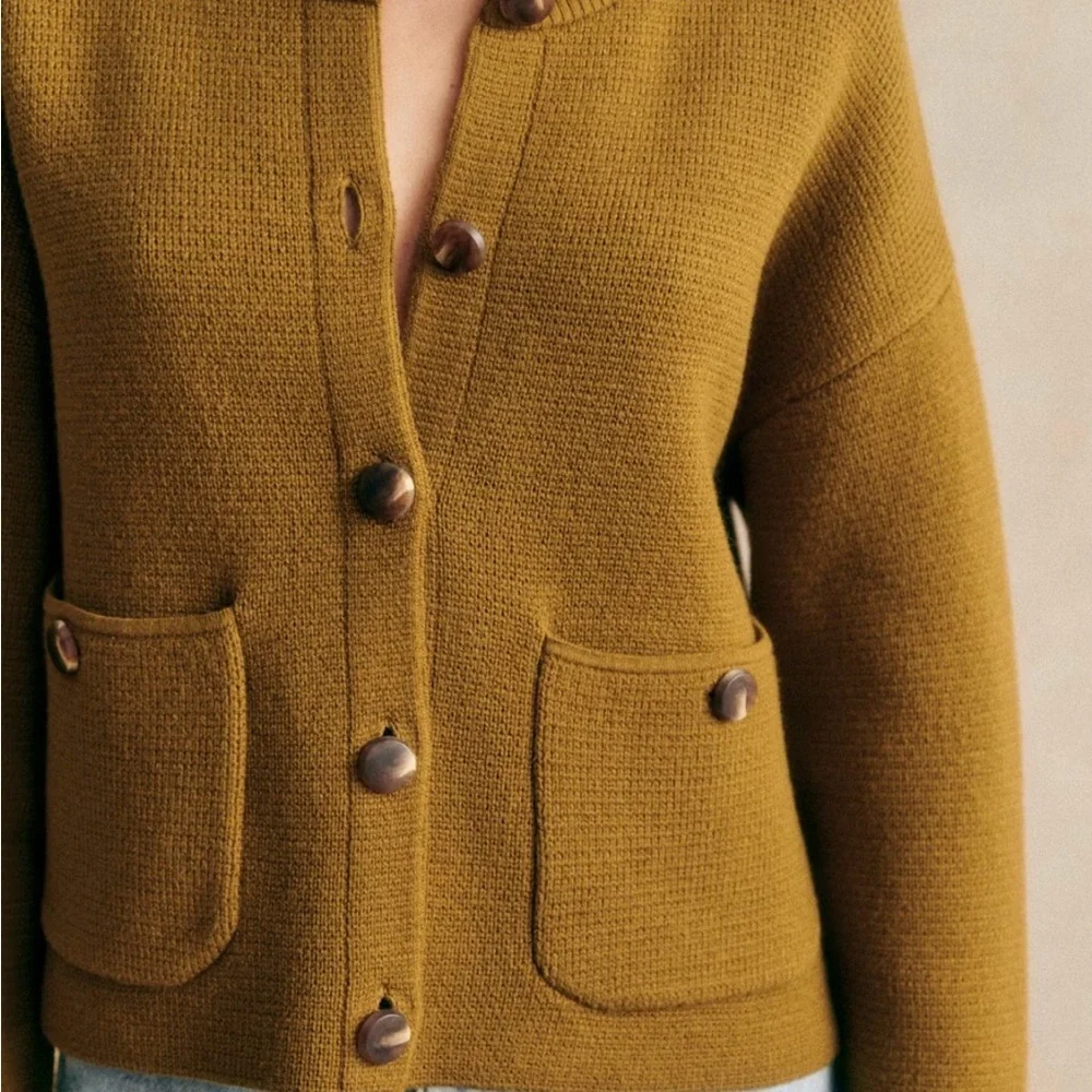 Sezane Olive Green Valerio Jacket Cardigan Wool Cotton size M EUC - Picture 3 of 11